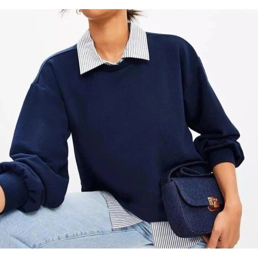 LOFT Mixed Media Layered Sweatshirt Women XS Navy White Pinstripe Collared FA24